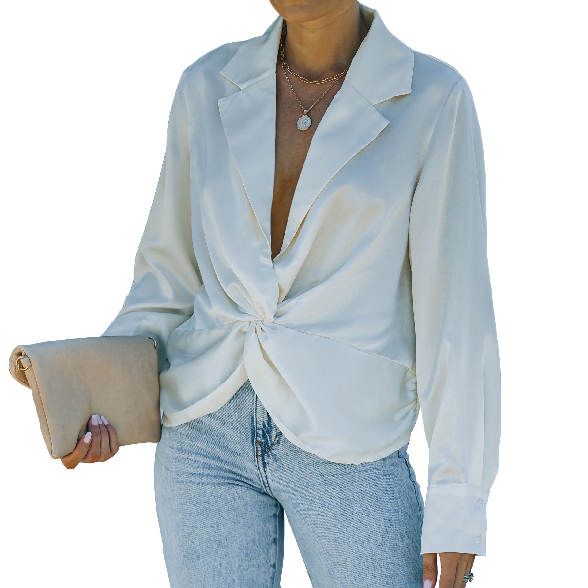 Solid Color Shirt Lapel Twist Long Sleeve V-neck Low-cut Top For Women