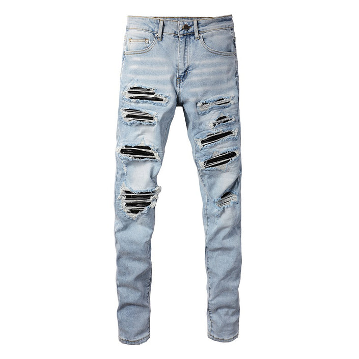 Leather Patched Holes, Elastic Slim Fitting Jeans For Men