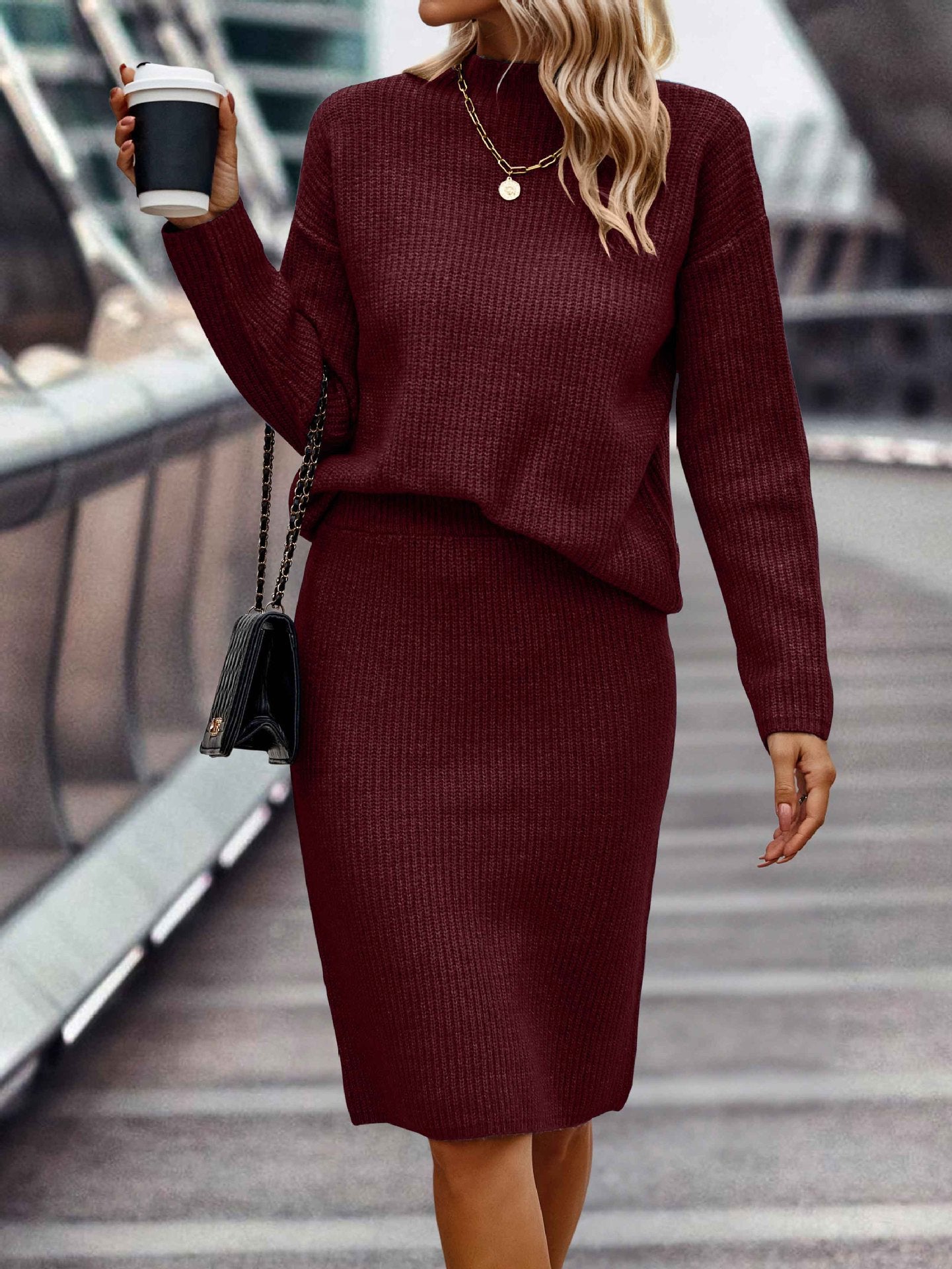 Solid Color Long Sleeve Fashion Mock Neck Sweater Women's Suit