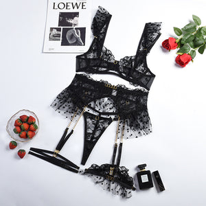 Complex Craft Metal Chain Lace Embroidery Eyelash Underwear Three-piece Set