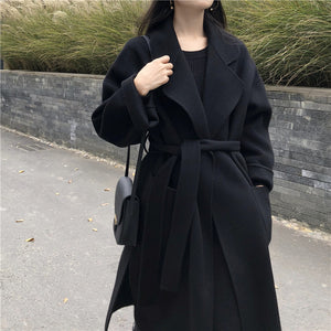 Double-sided Overcoat Long Tie Pure Reversible Woolen Coat