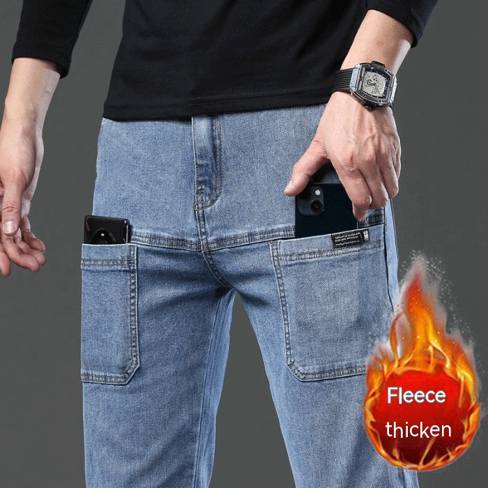 All-matching Casual Autumn And Winter Thick Fleece-lined Denim Pants Men