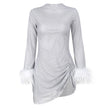 Fashionable Slim-fit Shiny Mesh Fur Cuff Pleated Dress Women