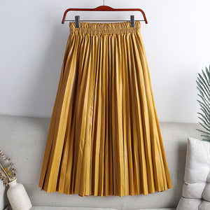 Solid Color Mid-length High Waist PU Leather Pleated Skirt For Women