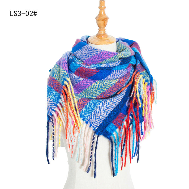 Yarn Stripe Grid Polyester Long Fringed Bristles Square Scarf Women Men's Bib Shawl