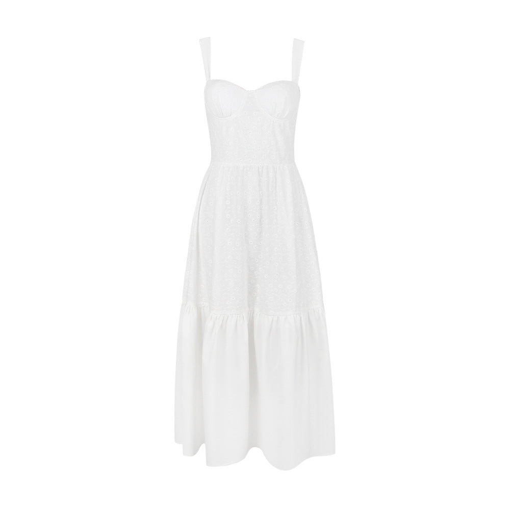 Women's Clothing Cotton Linen Jacquard Mid-length White Dress Women's