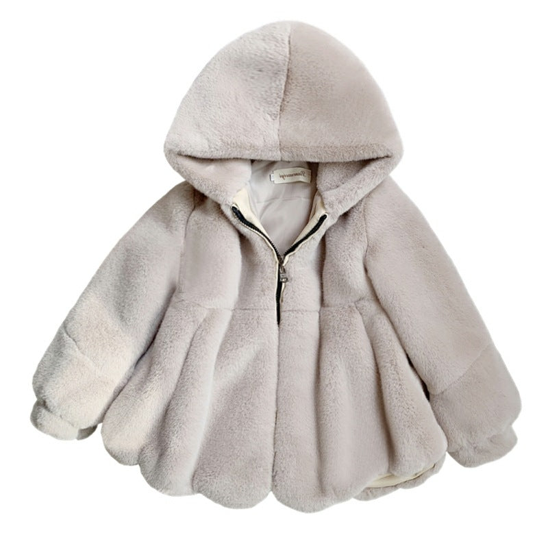 Girls' Personalized Hooded Imitation Fur Rabbit Fur Thickened Warm Coat