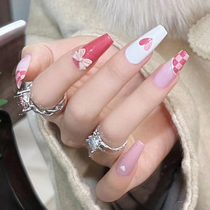 Wear Nail Nail Stickers Ice-permeable Grapefruit Red Chessboard Grid Manicure White Fake Nails