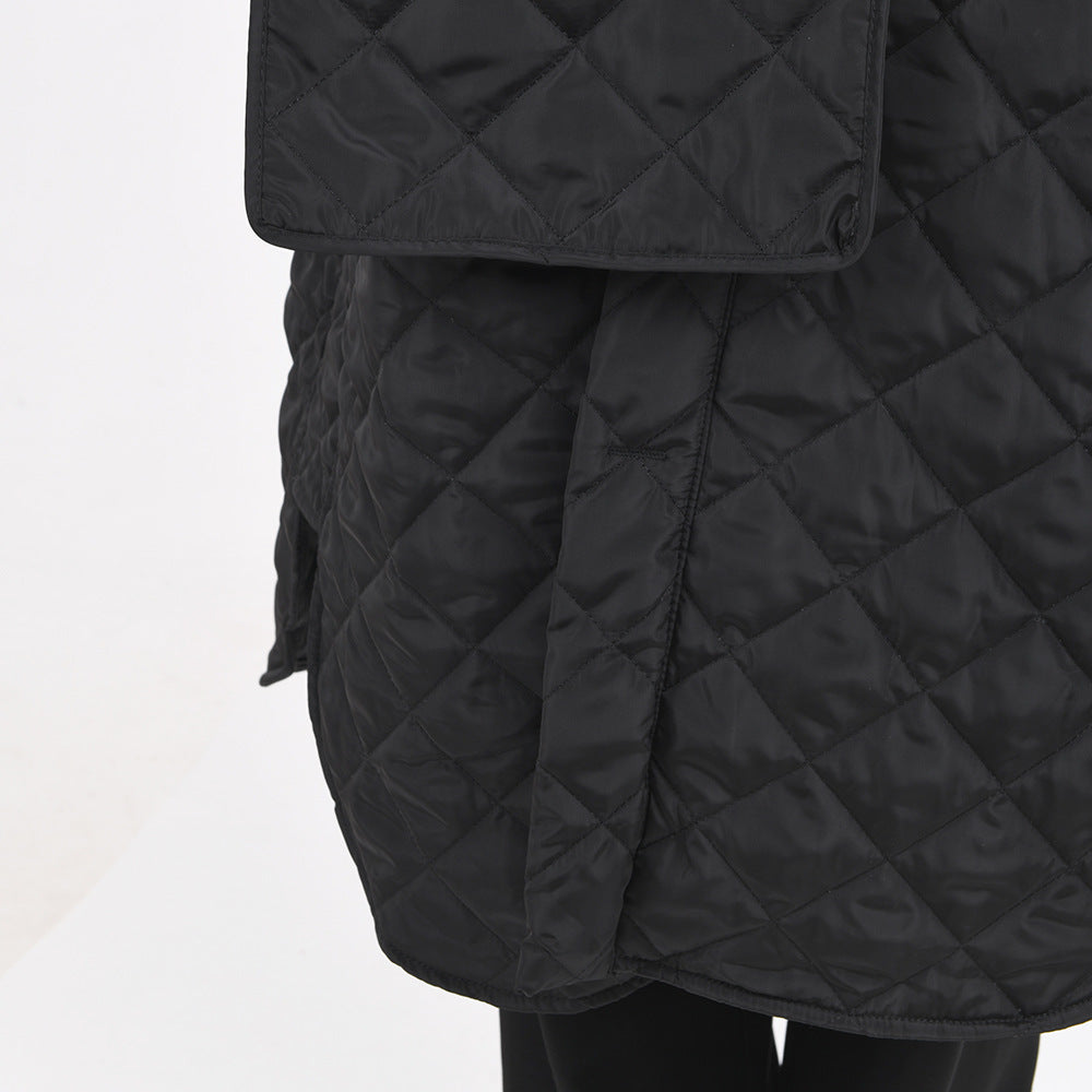 Trendy Scarf Collar Design Rhombic Quilted Loose Long Cotton Jacket Coat