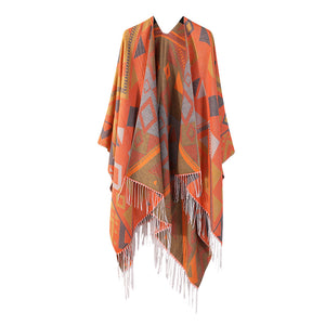 Thickened Cashmere-like Dual-use Geometric Tassel Scarf Cloak