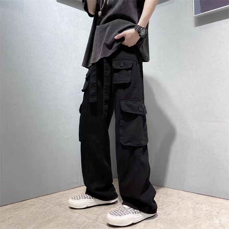 Retro Hip Hop Pu Shuai Japanese Straight Casual Multi-pocket Cargo Pants Men