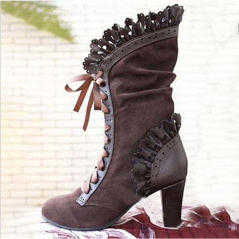 Lace-Up Combat Boot Women Ruffle Design Ethnic Shoes