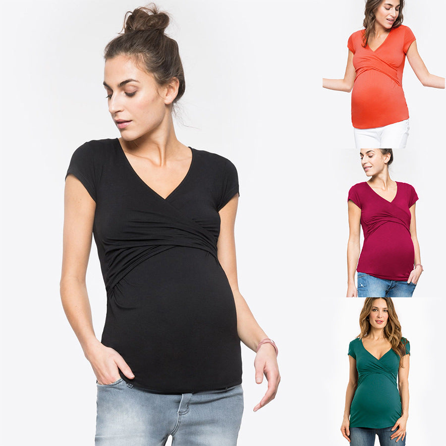 Summer Pregnant Women V-neck Solid Color Cross Nursing Wear Short Sleeve