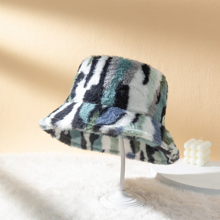 Plush Gradient Zebra Pattern Fashionable And Versatile Retro Trend Warm Basin Hat