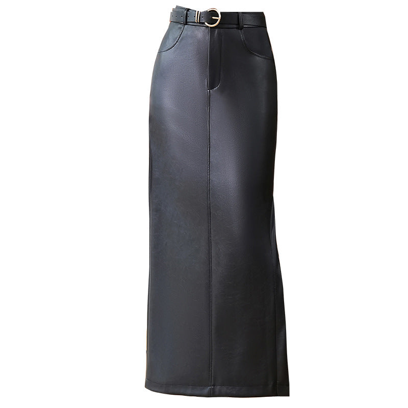 Fleece-lined Thickened Side Slit PU Leather Hip Skirt