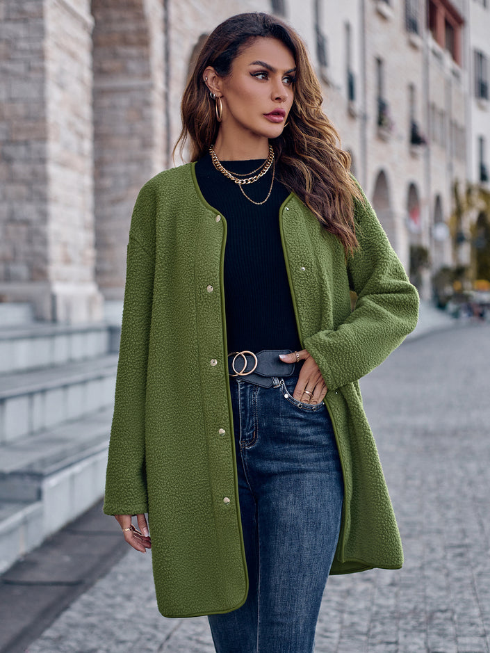 Thick Solid Color Round Neck Single-breasted Long Sleeve Coat