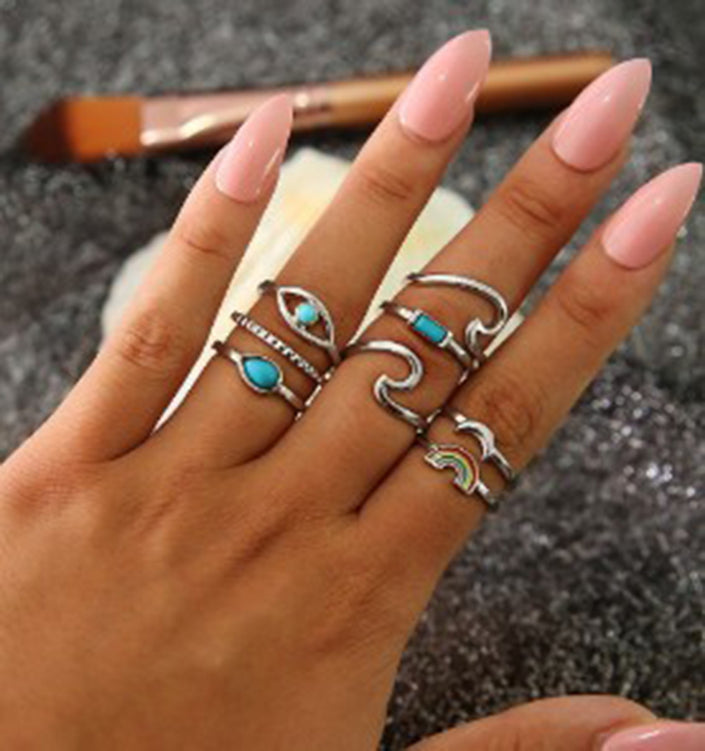 Leaf Crown Geometric Articulation Rings 6 Piece Combination Rings