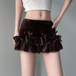 Retro Brown Bow Bandage High Waist Velvet Skirt