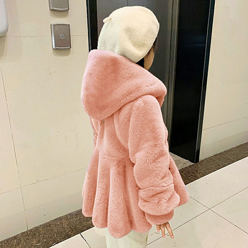 Girls' Personalized Hooded Imitation Fur Rabbit Fur Thickened Warm Coat