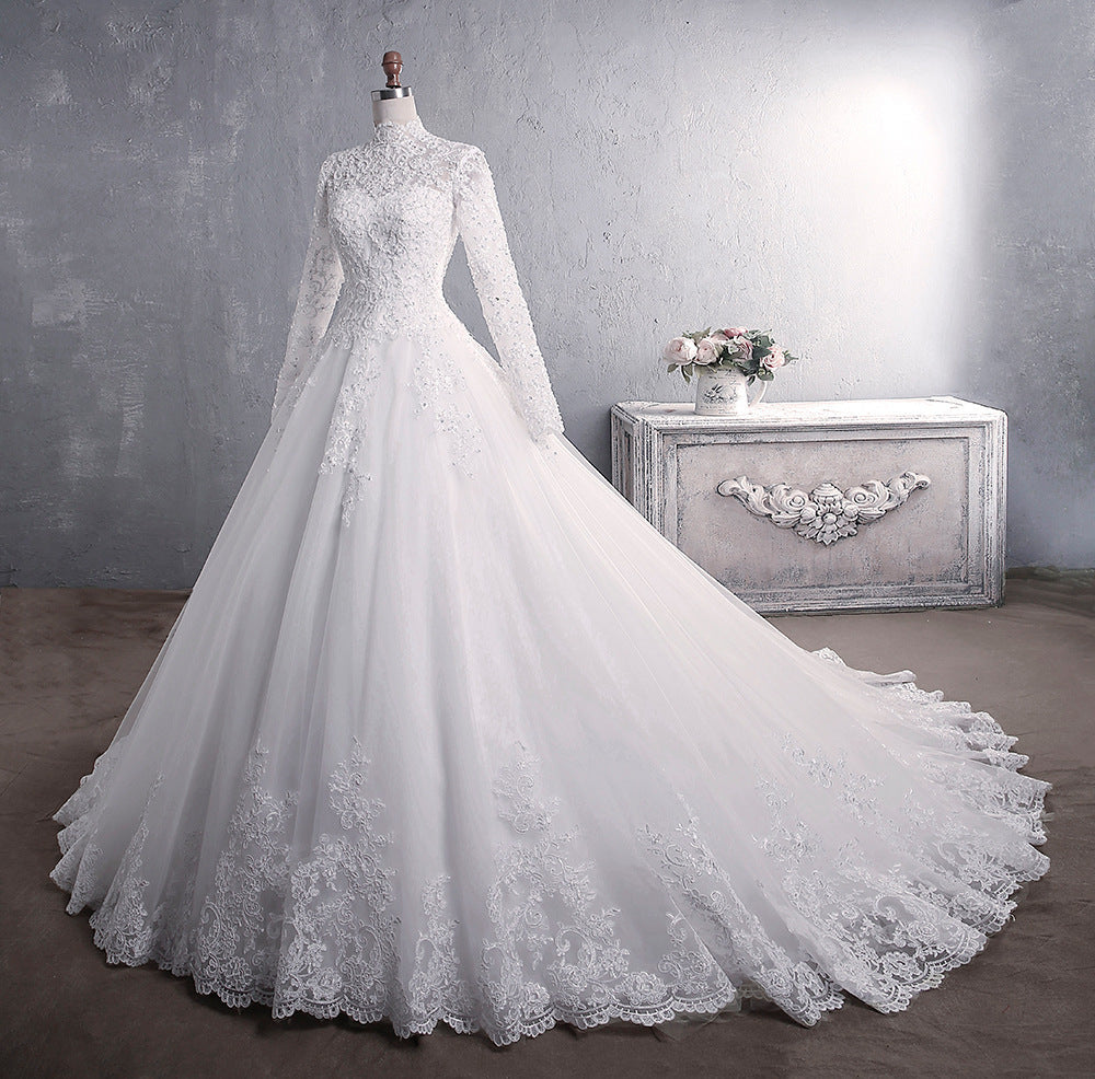 Lace Wedding Dress Bridal Stand-up Collar Long-sleeved Large Tail Large Size