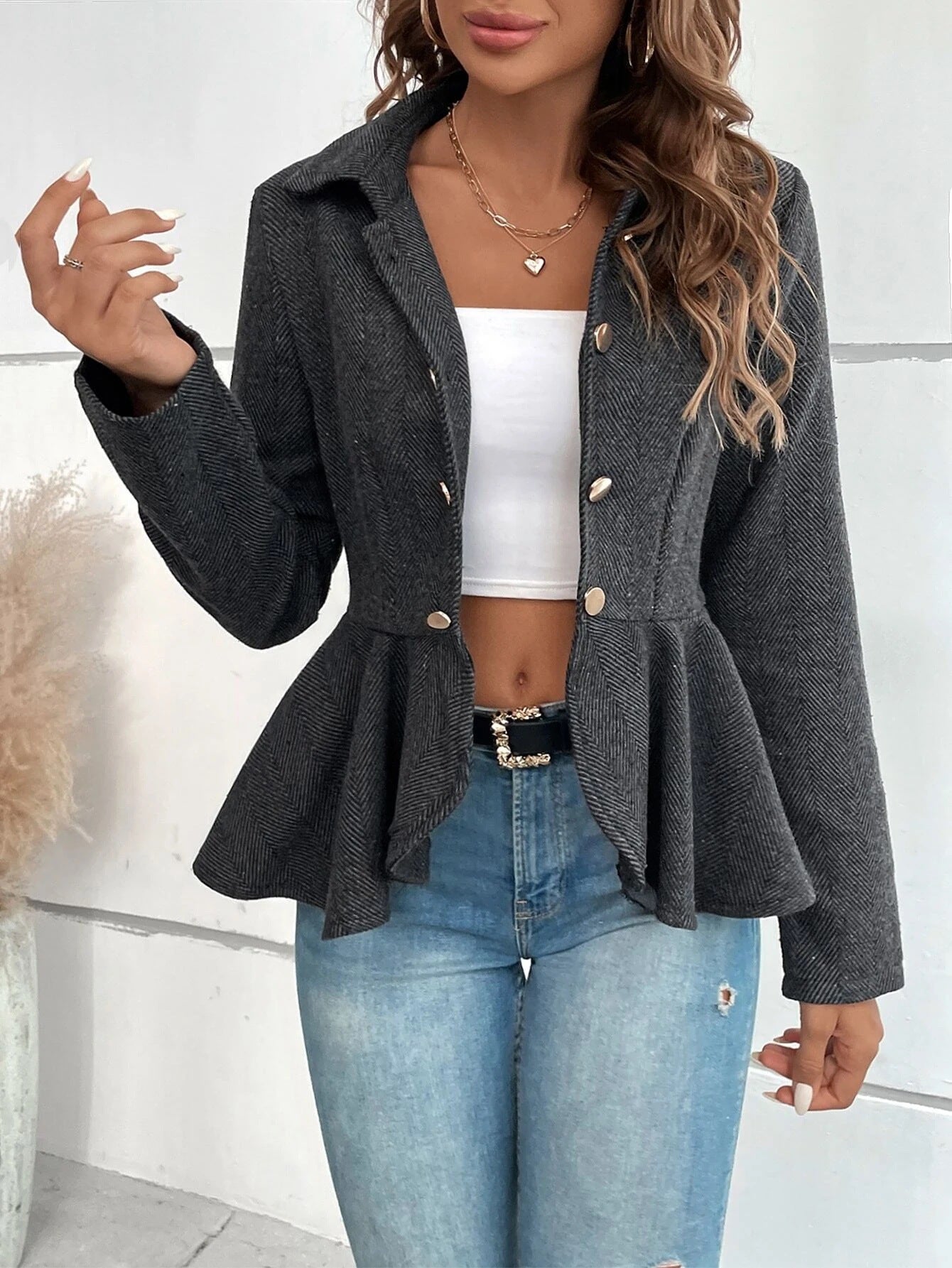 Women's Lapel Ruffled Slim Double-breasted Blazer