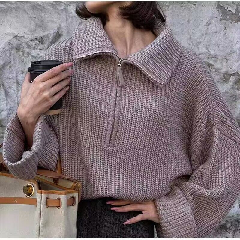 Pullover Solid Color Women's Zipper Loose Casual Knitted Sweater For Women hoodie