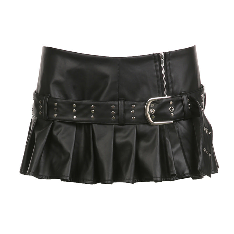 Dark Style Rivet Wide Belt Split Leather Summer Hot Girl Low Waist Skirt