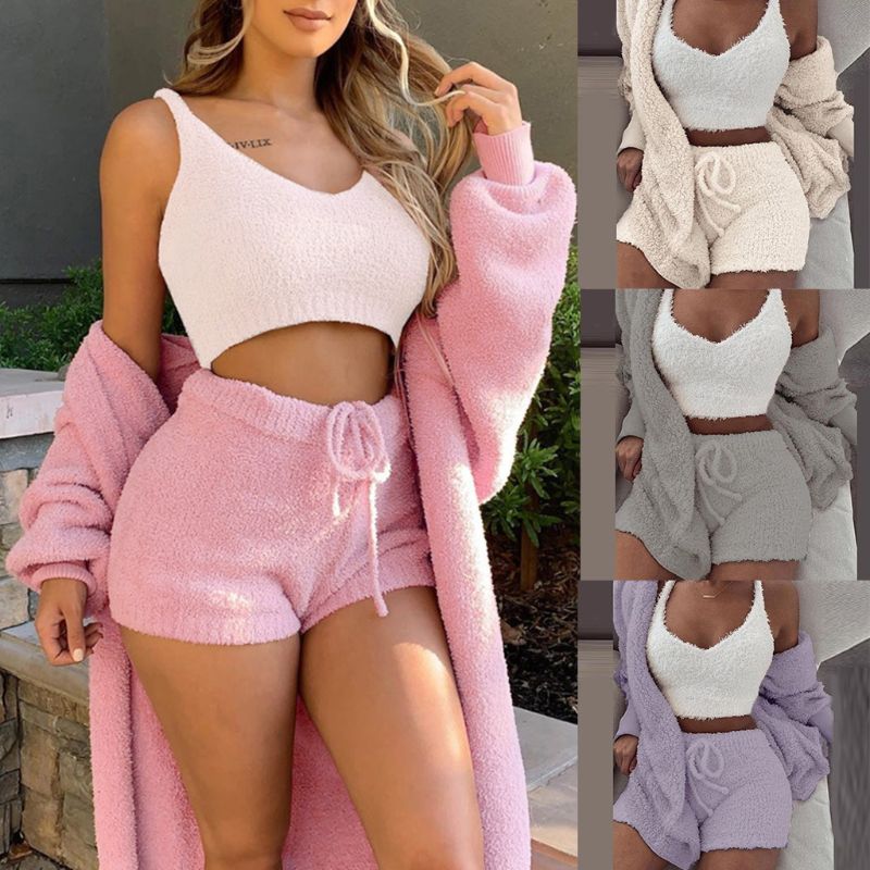 Women Home Wear Suit Casual Pajamas Set Lady Female Soft Warm Long Sleeve Exposed Navel Vest Shorts Set