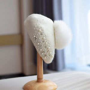 Fox Fur Ball Beret Female Woolen Pearl