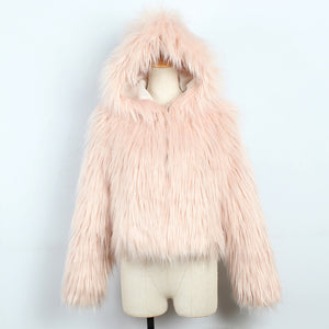 Ladies Hooded Washed Wool And Faux Fur Coat