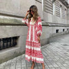 Women's Vintage Printed Bohemian Dress Elegant Ladies Casual Loose V-Neck Short Sleeve Long Dresses