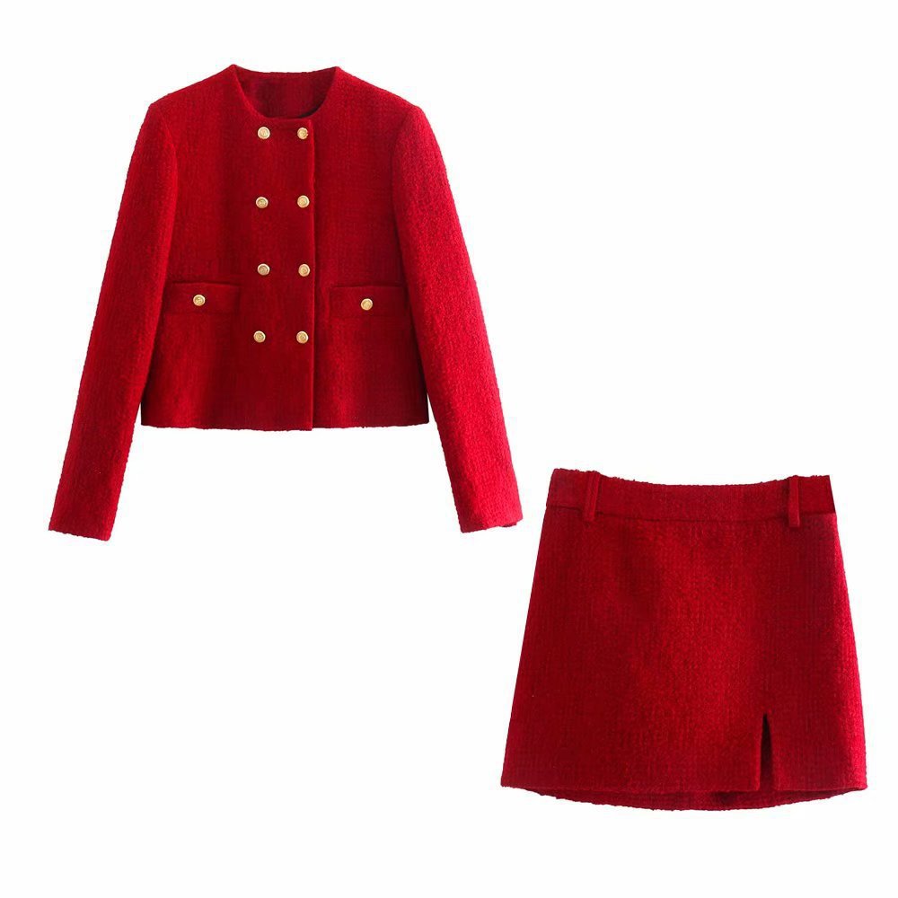 Textured Woolen Short Double Breasted Blazer Split Skirt