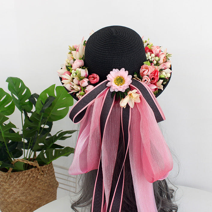 Ladies Handmade Flower Big Brim Straw Hat