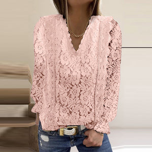 Solid Color Pullover Lace Mesh Crochet Casual Long Sleeve T-shirt