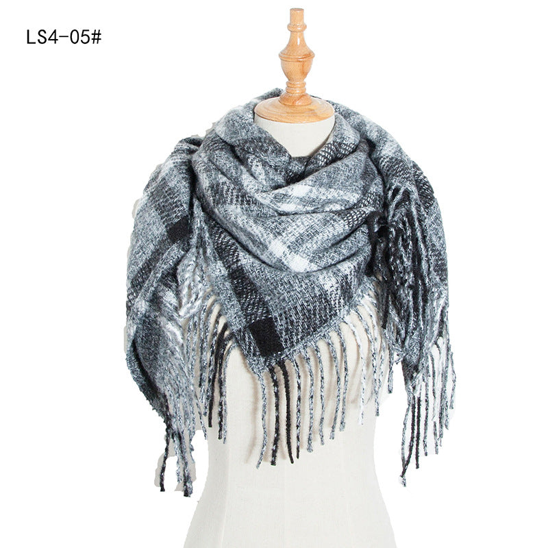 Yarn Stripe Grid Polyester Long Fringed Bristles Square Scarf Women Men's Bib Shawl