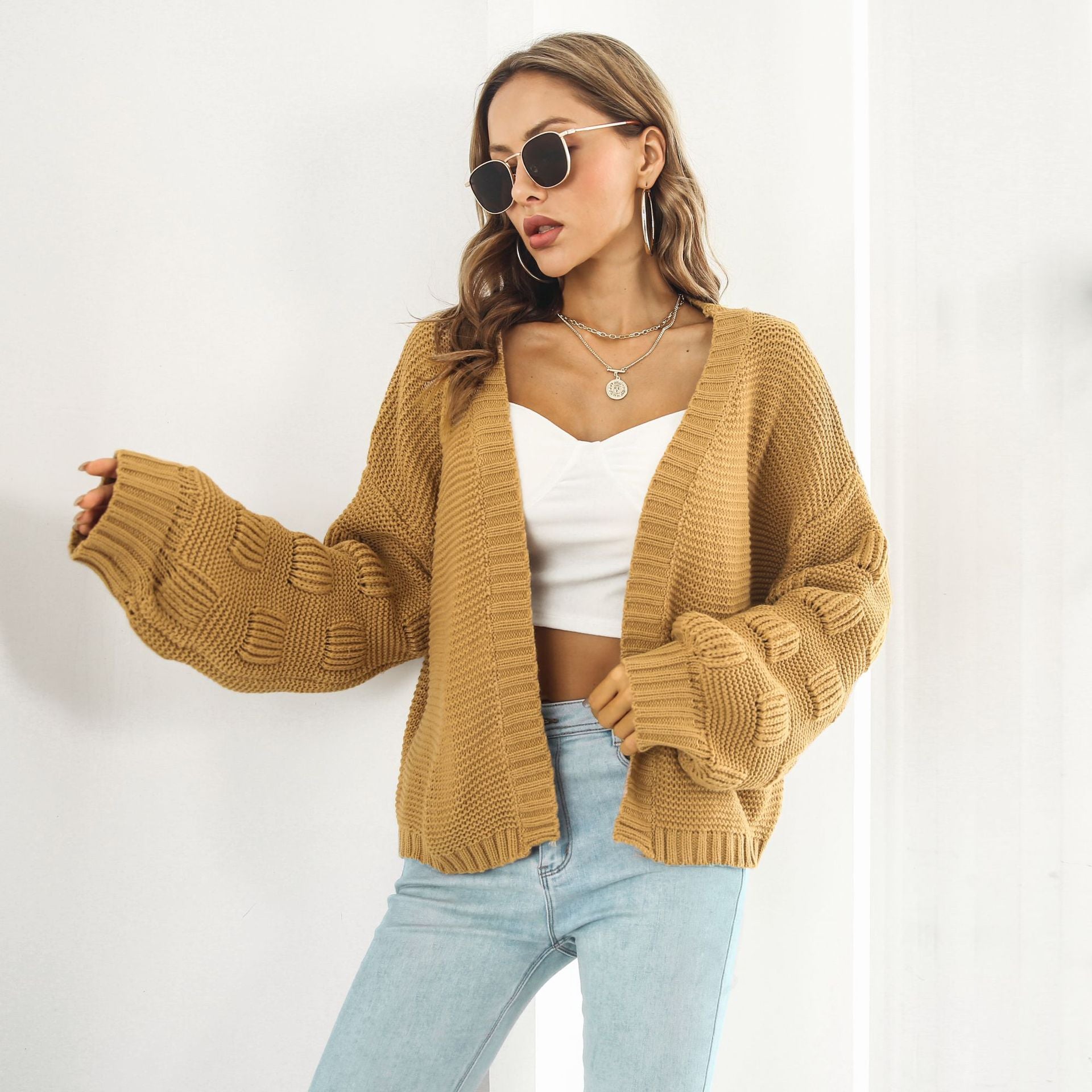 Puff Sleeve Cardigan Sweater Women Front Chunky Knitwear Coat