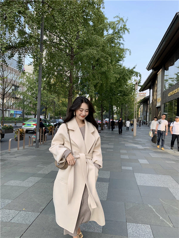 Double-sided Overcoat Long Tie Pure Reversible Woolen Coat