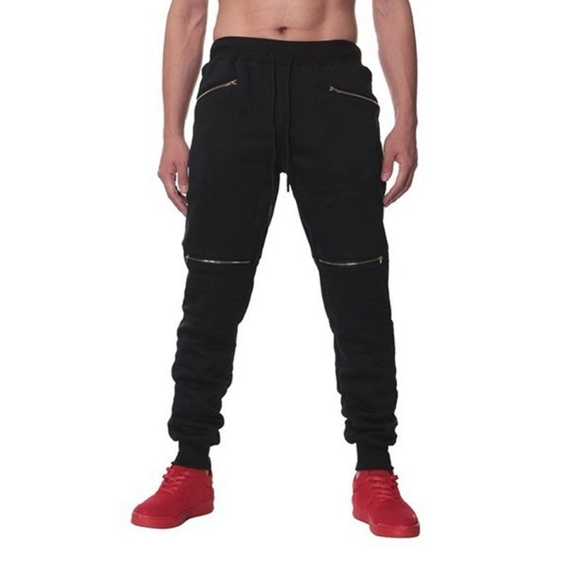 Men's Sports Pants With Double Pockets And Zip Personality Design