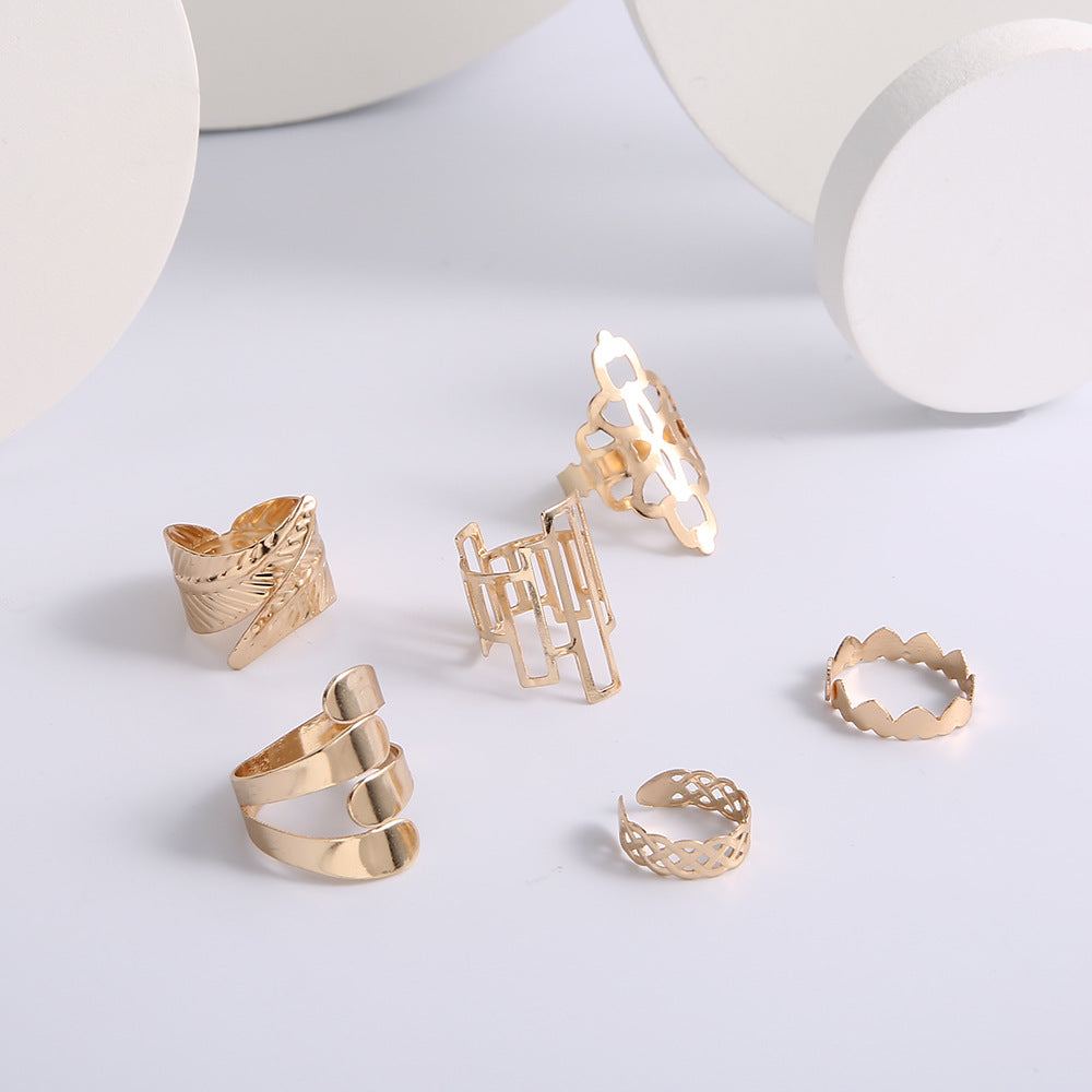 Leaf Crown Geometric Articulation Rings 6 Piece Combination Rings