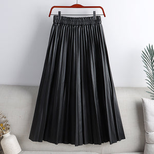 Solid Color Mid-length High Waist PU Leather Pleated Skirt For Women