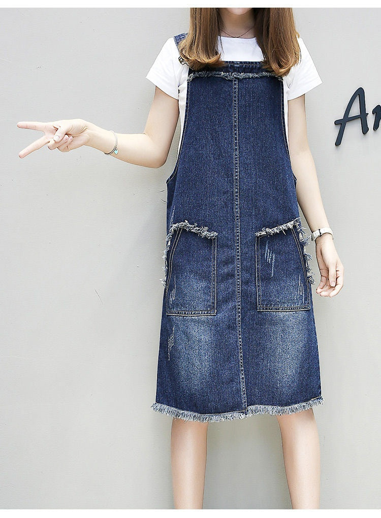 Plus-sized Plus Size Women's Slimming Denim Suspender Skirt Slim Fit Dress Fat Sister