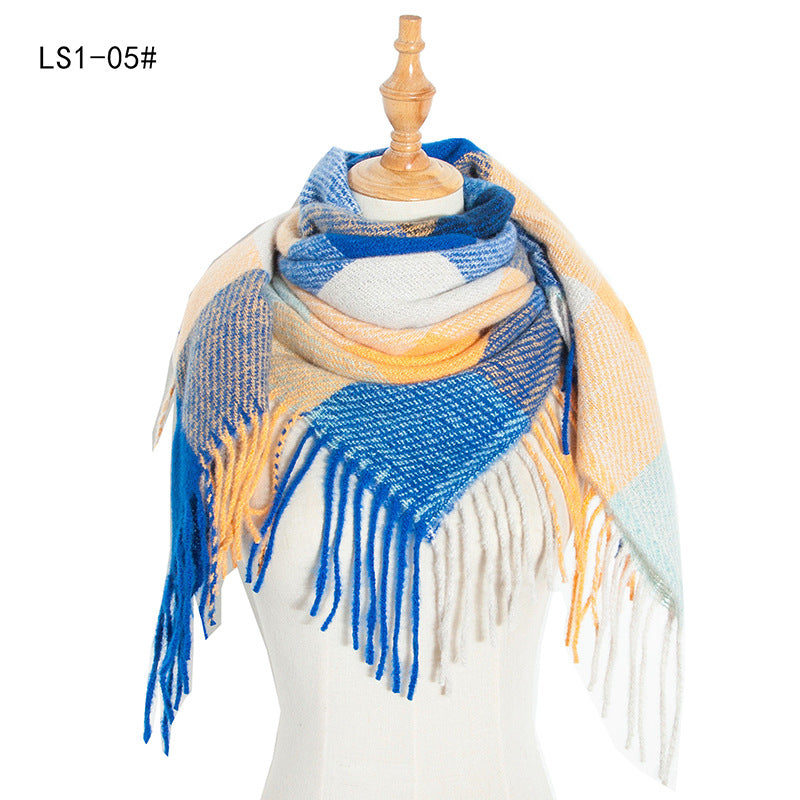 Yarn Stripe Grid Polyester Long Fringed Bristles Square Scarf Women Men's Bib Shawl