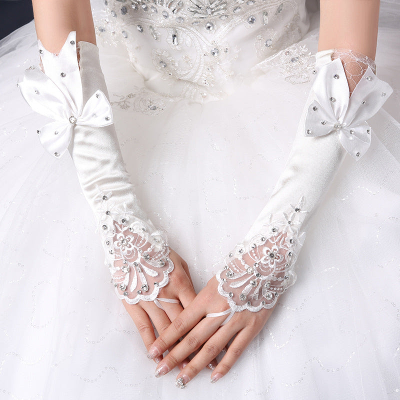 Bridal Gloves Wedding Hook Finger Flower Bow Lace Hollow Sleeves