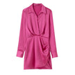 Women's Lapel Silk Satin Long Sleeve Short Dress