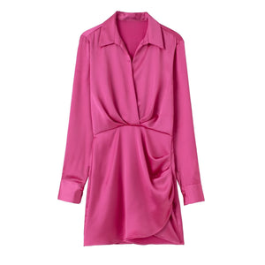 Women's Lapel Silk Satin Long Sleeve Short Dress