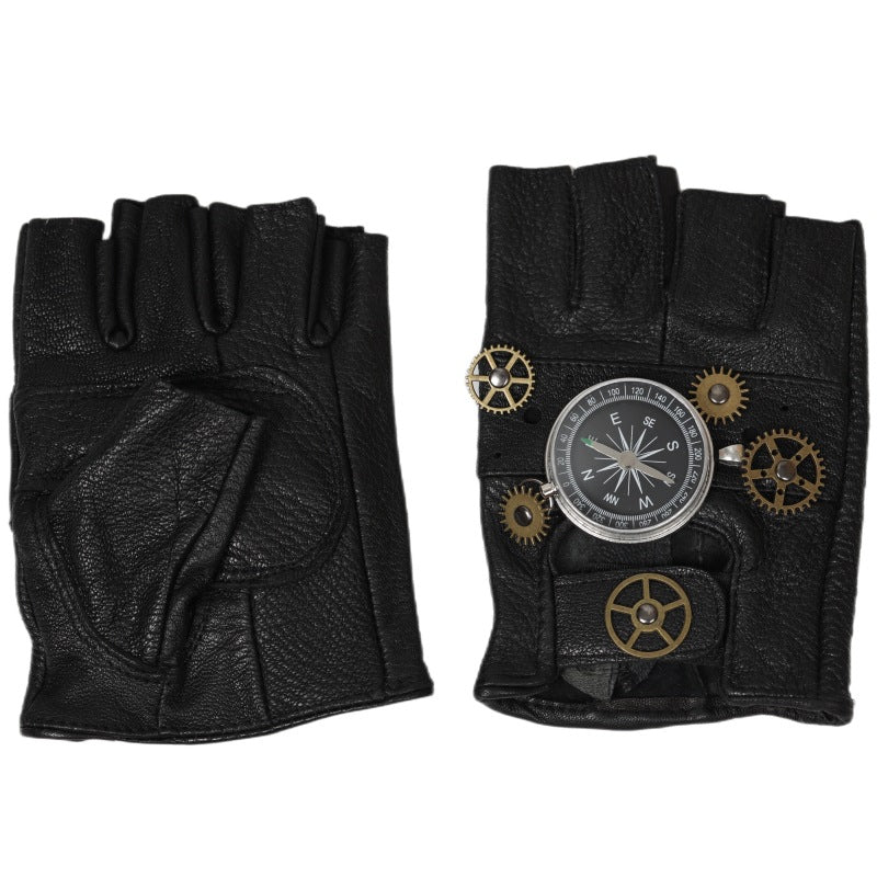 European And American Steampunk Leather Gloves Gear Half Finger Gloves Compass Retro