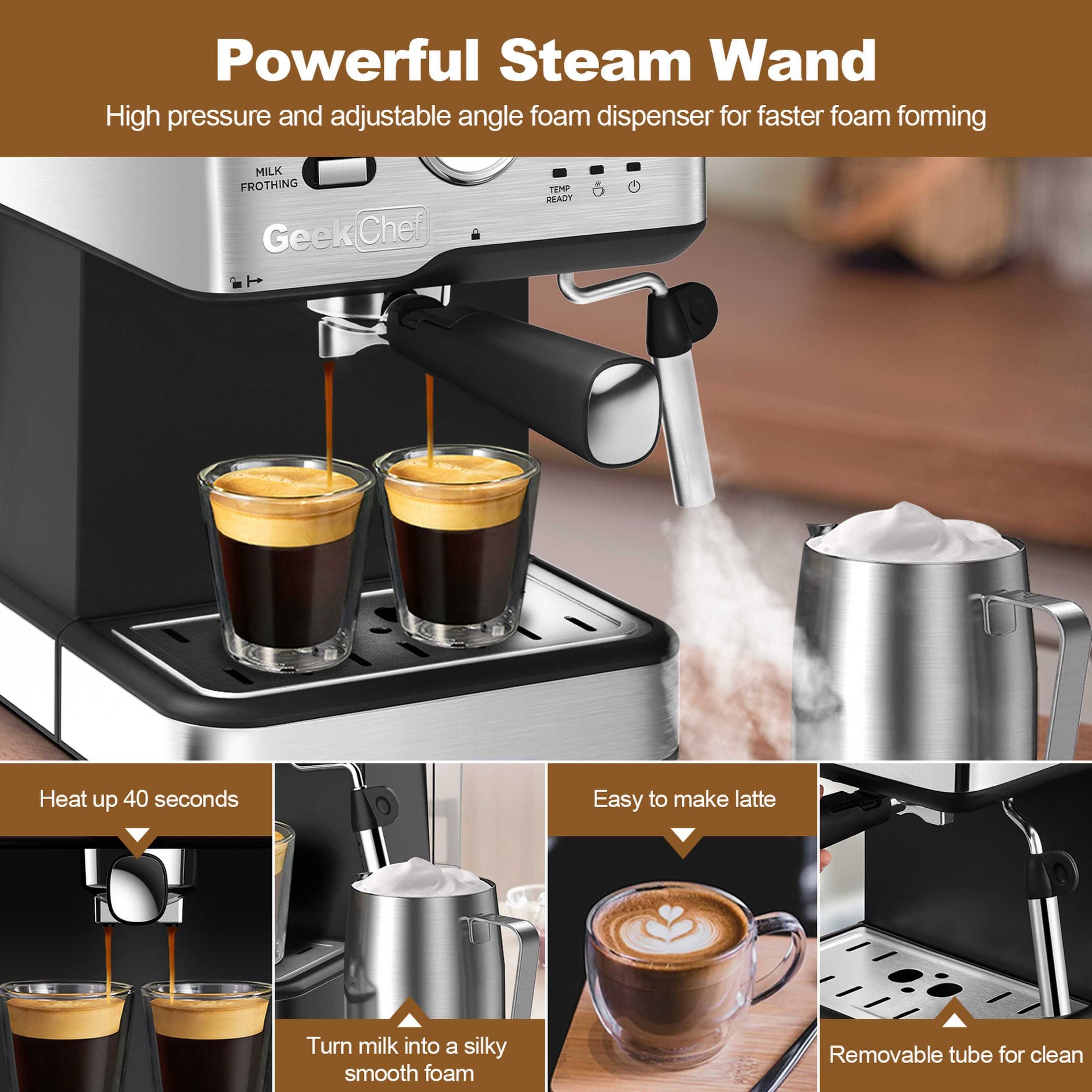 Espresso Machine 20 Bar Pressure Cappuccino Latte Maker Coffee Machine With ESE POD Filter&Milk Frother Steam Wand&thermometer, 1.5L Water Tank, Stainless Steel Espresso Ban On Amazon