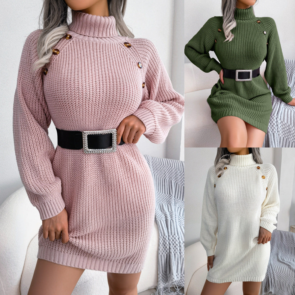 Long Sweater Dress With Button Design Leisure Clinch Long Sleeve Base Sweater Women