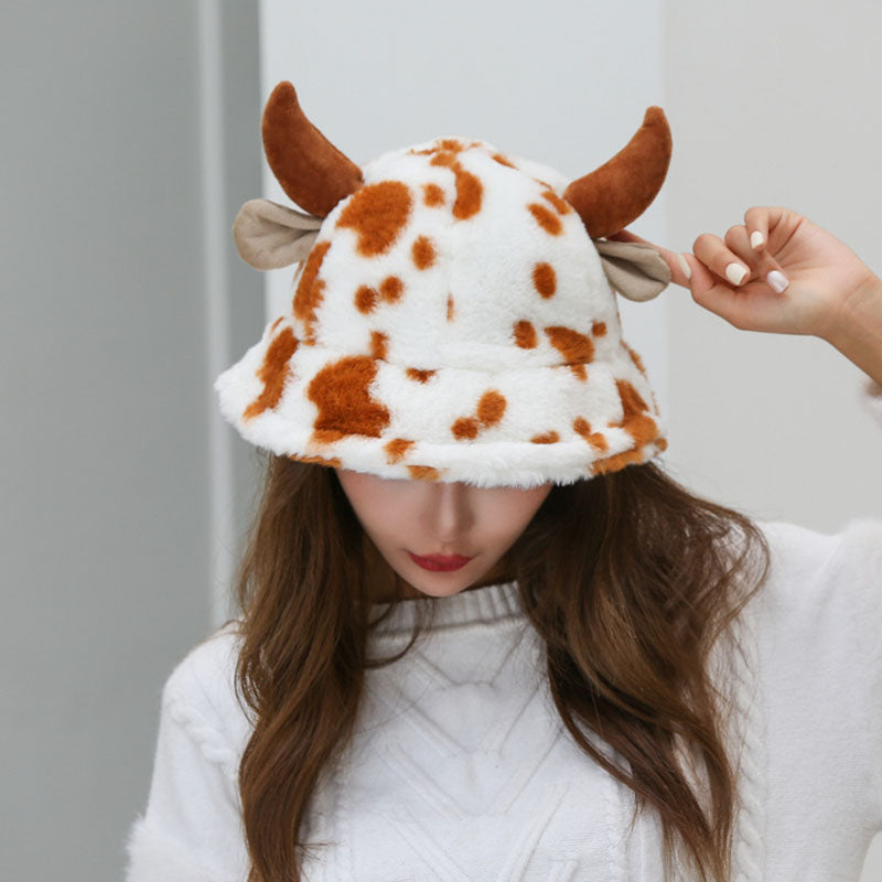 Cow Pattern Fisherman Hat With Cute Horn Winter Fashion Thickened Warm Plush Hat For Women