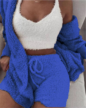 Women Home Wear Suit Casual Pajamas Set Lady Female Soft Warm Long Sleeve Exposed Navel Vest Shorts Set